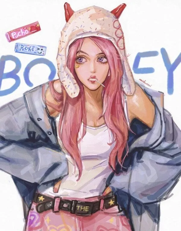 Hình ảnh nami one piece vẽ của một cô gái có mái tóc màu hồng đội mũ và áo khoác