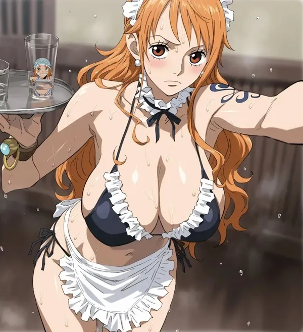 Hình ảnh nami one piece có một người phụ nữ mặc trang phục giúp việc cầm khay thức ăn