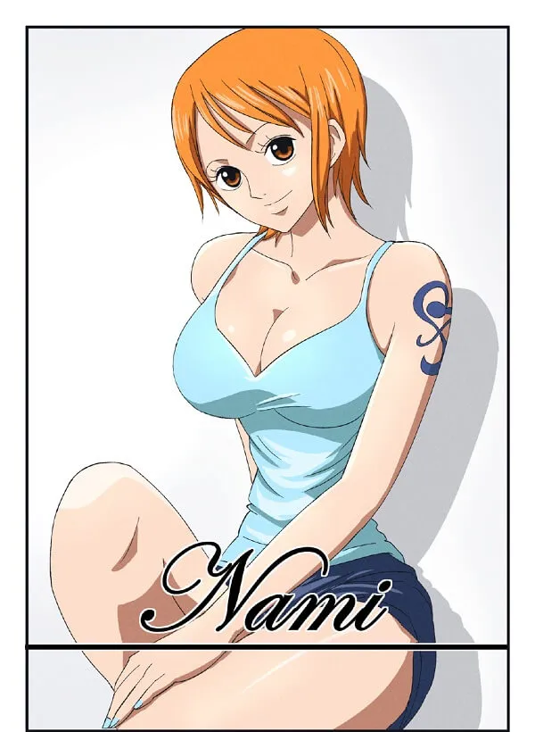 Hình ảnh nami anime của một người phụ nữ có mái tóc màu cam và áo tank top xanh
