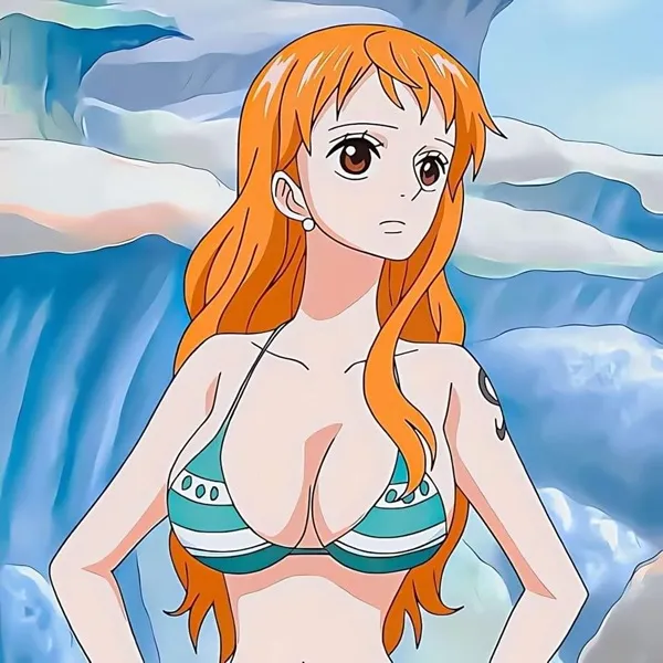 Hình ảnh nami ngầu có một người phụ nữ mặc bikini đứng cạnh thác nước