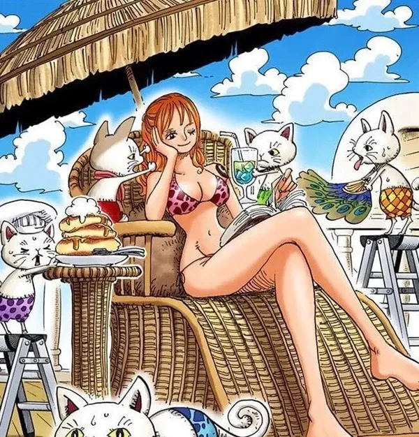 Hình ảnh nami one piece cô gái nàng tiên cá ngồi trên ghế bãi biển với rất nhiều mèo trong nền