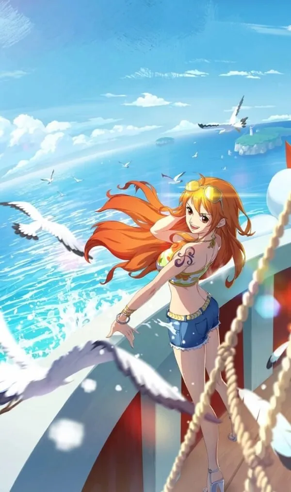 Hình ảnh nami one piece cô gái thủy thủ đang đứng trên một chiếc thuyền với những con hải âu bay trong nền