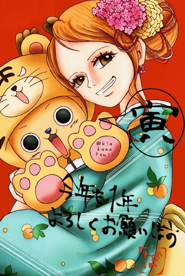 Hình ảnh nami one piece có một hoạt của người phụ nữ đang cầm con gấu bông