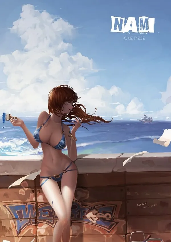 Hình ảnh nami one piece có một người phụ nữ mặc bikini ngồi trên tường bên đại dương
