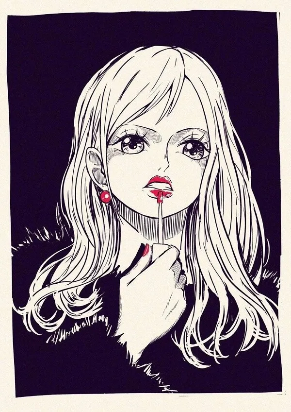 Hình ảnh nami one piece một bản vẽ của người phụ nữ có mái tóc vàng dài và son môi đỏ