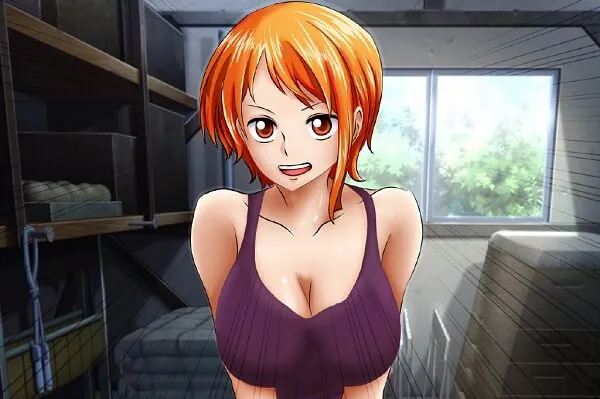 Hình ảnh nami one piece người phụ nữ tóc đỏ trong một chiếc xe tăng màu tím đứng phòng