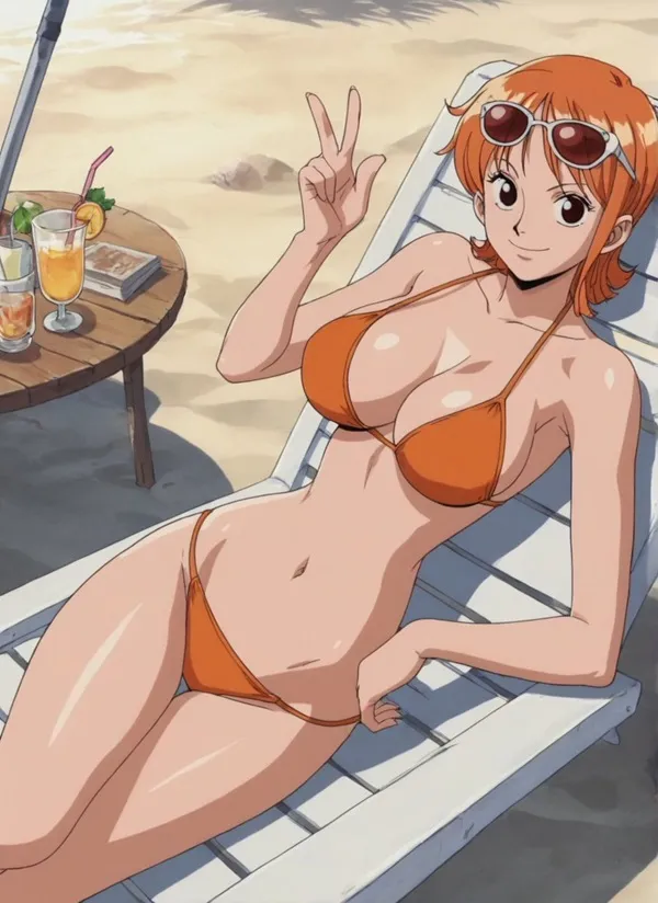 Hình ảnh nami one piece sexy woman in orange bikini sitting on lounge chair the beach