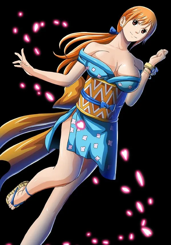 Hình ảnh nami one piece một người phụ nữ mặc váy màu xanh với mái tóc vàng dài