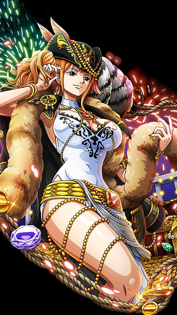Hình ảnh nami one piece nhân vật anime nữ ngồi trên giường với một con gấu bông trước mặt cô ấy