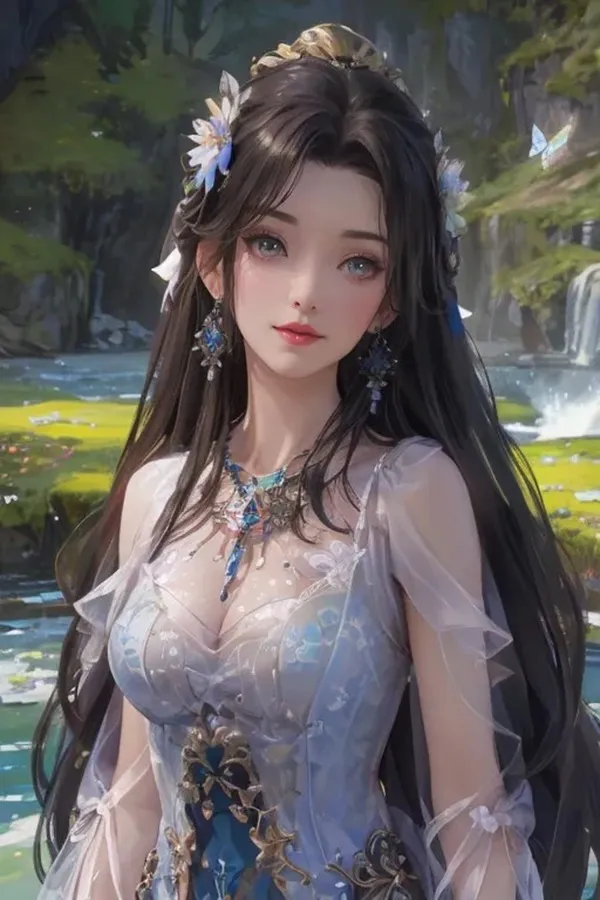 Ảnh qing yi sexy một hình của người phụ nữ có mái tóc đen dài đứng trước thác nước