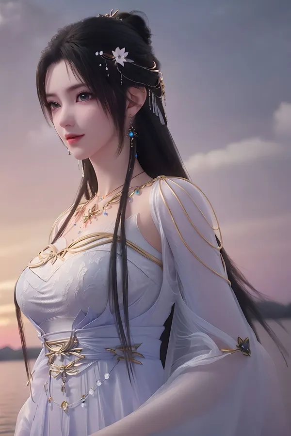 Ảnh qing yi sexy người phụ nữ châu mặc váy trắng đứng bên nước vào lúc hoàng hôn