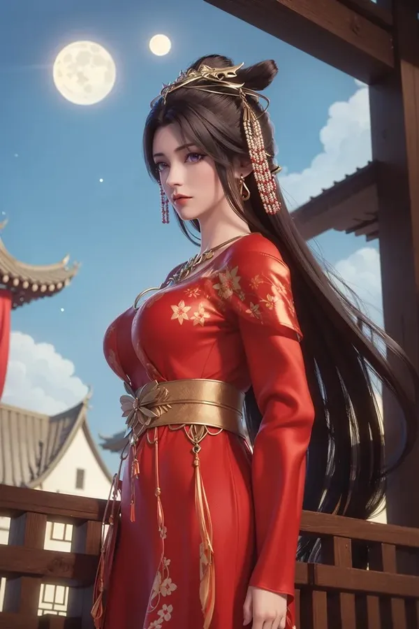 Ảnh qing yi thanh vũ bụ một người phụ nữ mặc váy đỏ đứng trước tòa nhà