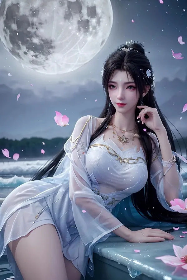 Ảnh qing yi thanh vũ bụ người phụ nữ châu mặc váy trắng ngồi trên mép của một vùng nước
