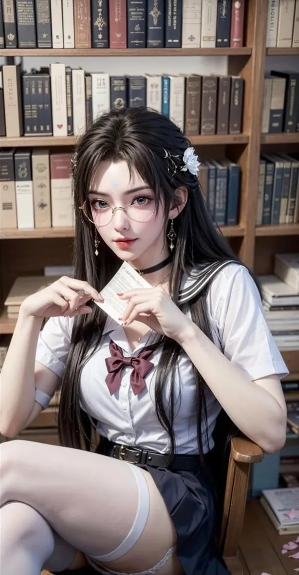 Hình ảnh qing yi-thanh có một người phụ nữ ngồi trên ghế trước giá sách