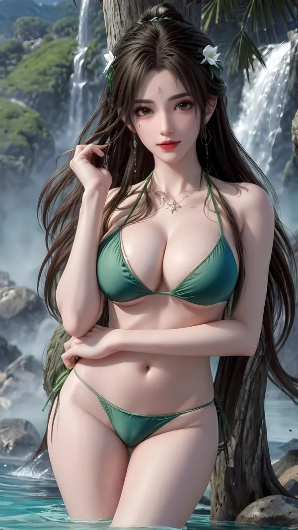 Hình ảnh qing yi-thanh có một người phụ nữ mặc bikini màu xanh lá cây đứng trong nước