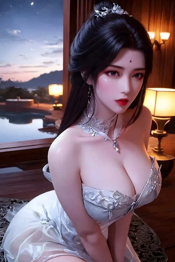 Hình ảnh qing yi-thanh người phụ nữ châu gợi cảm mặc đồ lót trắng ngồi trên tấm thảm trước cửa sổ