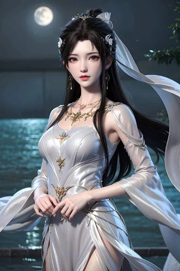 Hình Ảnh Qing Yi Thanh Y Vú Bự một người phụ nữ mặc váy trắng đứng trong nước