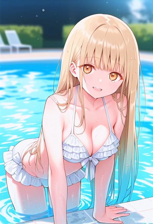 Hình ảnh shiina mahiru cô gái tóc vàng trong bộ bikini bên bể bơi