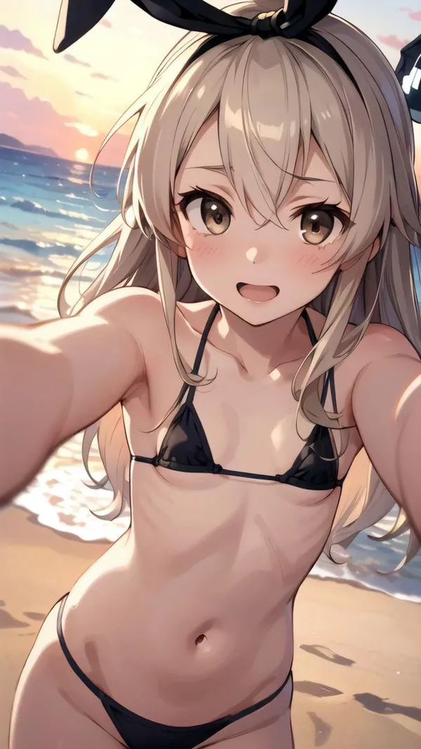 Ảnh shimakaze cute có một người phụ nữ mặc bikini tạo dáng trên bãi biển