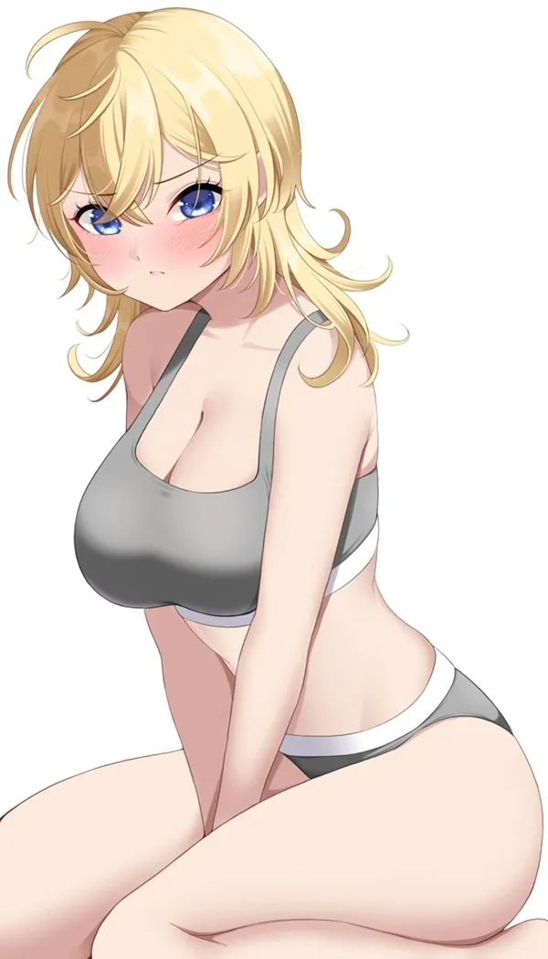 Ảnh shimakaze hentai người phụ nữ tóc vàng trong bộ bikini màu xám ngồi trên mặt đất