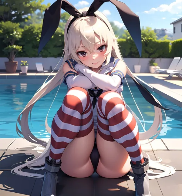 Hình ảnh shimakaze có một người phụ nữ đang ngồi trên mặt đất bên hồ bơi