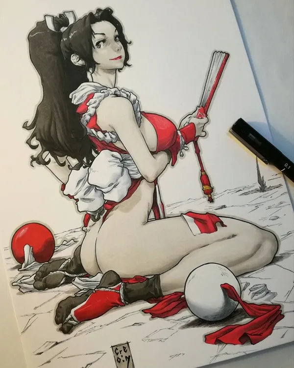 Ảnh shiranui mai hentai có một bản vẽ của người phụ nữ với thanh kiếm và quả bóng
