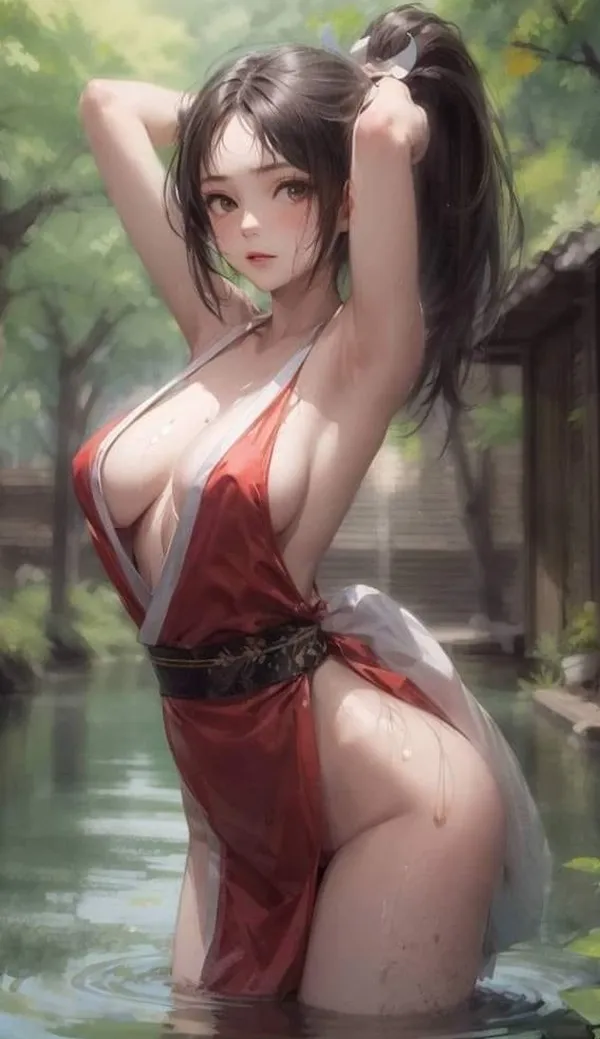Hình ảnh shiranui mai cô gái anime gợi cảm trong bộ đồ bơi màu đỏ và trắng tạo dáng ao
