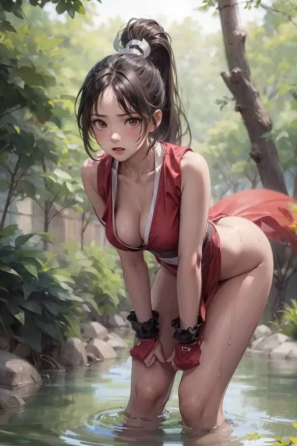 Hình ảnh shiranui mai người phụ nữ mặc bộ bikini màu đỏ trong nước với thanh kiếm