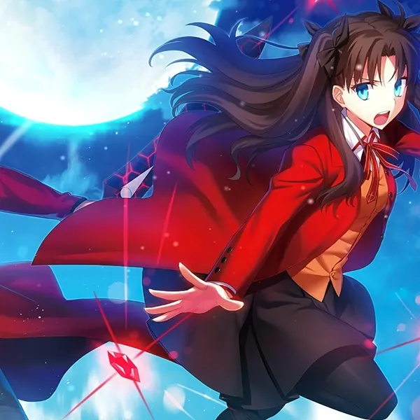 Hình ảnh tohsaka rin cô gái anime bay trên bầu trời với một mặt trăng đầy