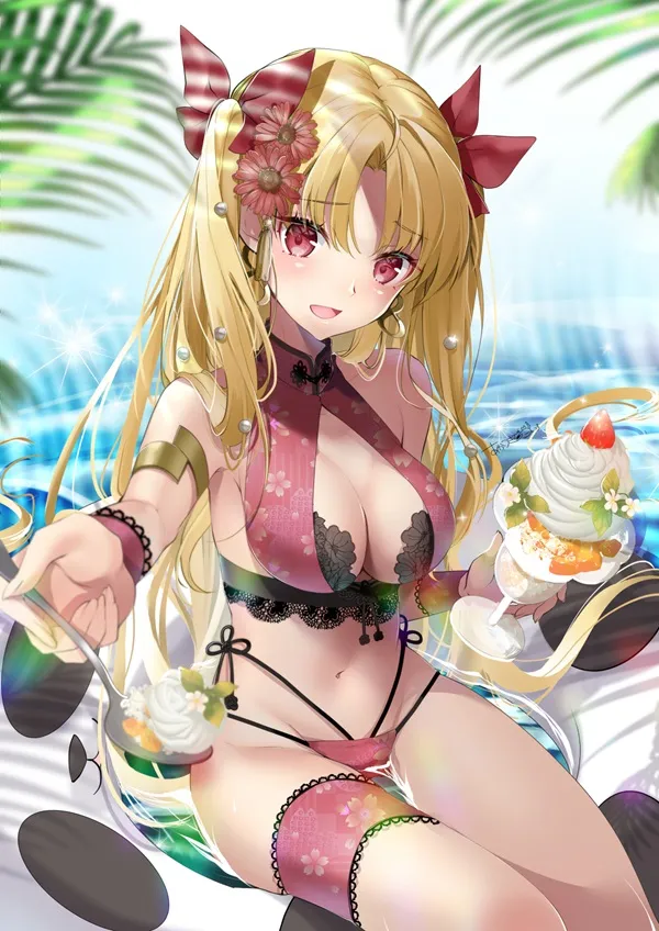 Hình ảnh tohsaka rin có một người phụ nữ mặc bikini ngồi cạnh chiếc bánh cupcake