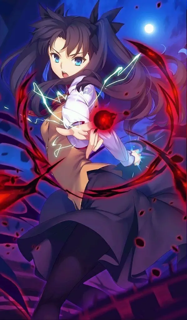 Hình ảnh tohsaka rin một của cô gái với mái tóc dài ôm con mèo trên tay