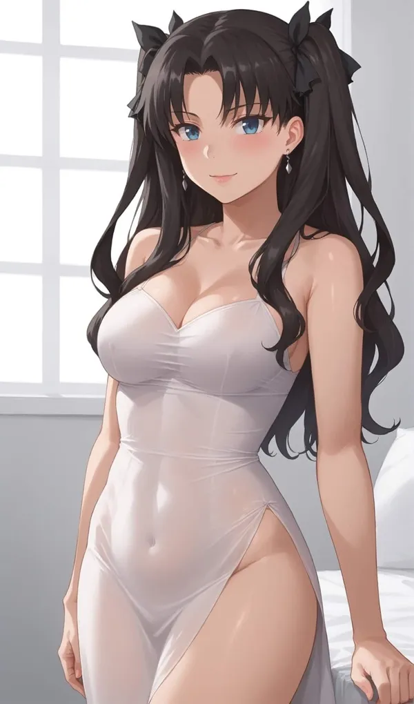 Hình ảnh tohsaka rin nghệ sĩ thể hiện của một người phụ nữ trong bộ đồ lót với mái tóc đen dài và tai mèo