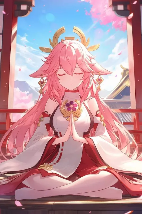 Ảnh yae miko cosplay một hình của người phụ nữ ngồi tư thế sen với đôi mắt nhắm