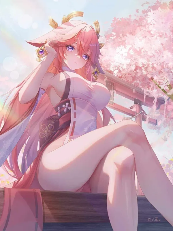 Hình ảnh yae miko cô gái anime xinh đẹp ngồi trên băng ghế có kính viễn vọng trong tay