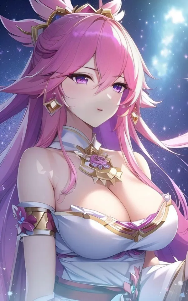 Hình ảnh yae miko cô gái anime với mái tóc dài màu hồng mặc một chiếc váy trắng và đồ trang sức vàng