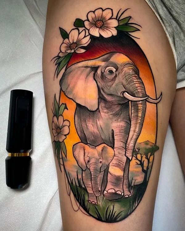 Có một hình xăm của con voi và em bé nó trên đùi
