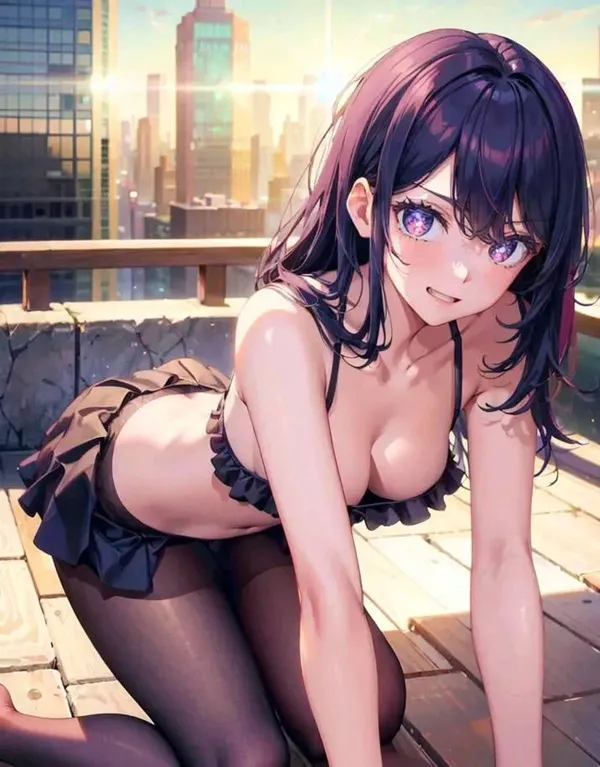 Hoshino ai bikini cô gái mặc đồ lót gợi cảm ngồi trên mái nhà với cảnh quan thành phố trong nền