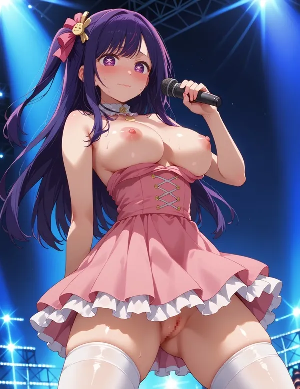 Hoshino ai hentai một người phụ nữ mặc váy màu hồng cầm micro trên sân khấu