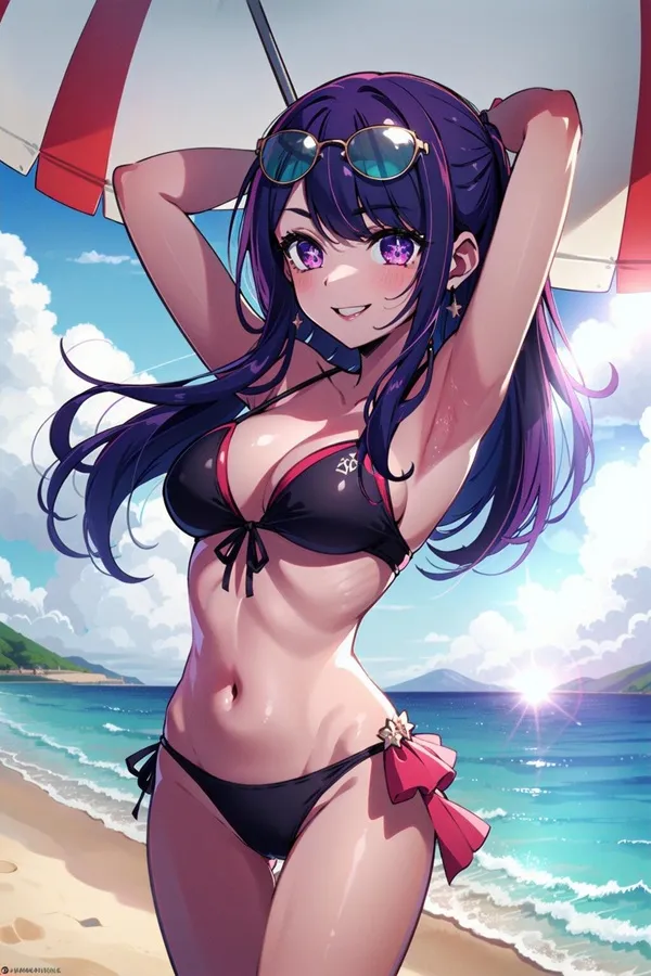 Hoshino ai hentai hình ảnh một người phụ nữ mặc bikini và kính râm trên bãi biển