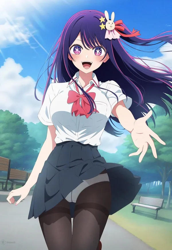 Ảnh hoshino ai hentai cô gái anime cười với mái tóc dài màu tím đi xuống một con đường