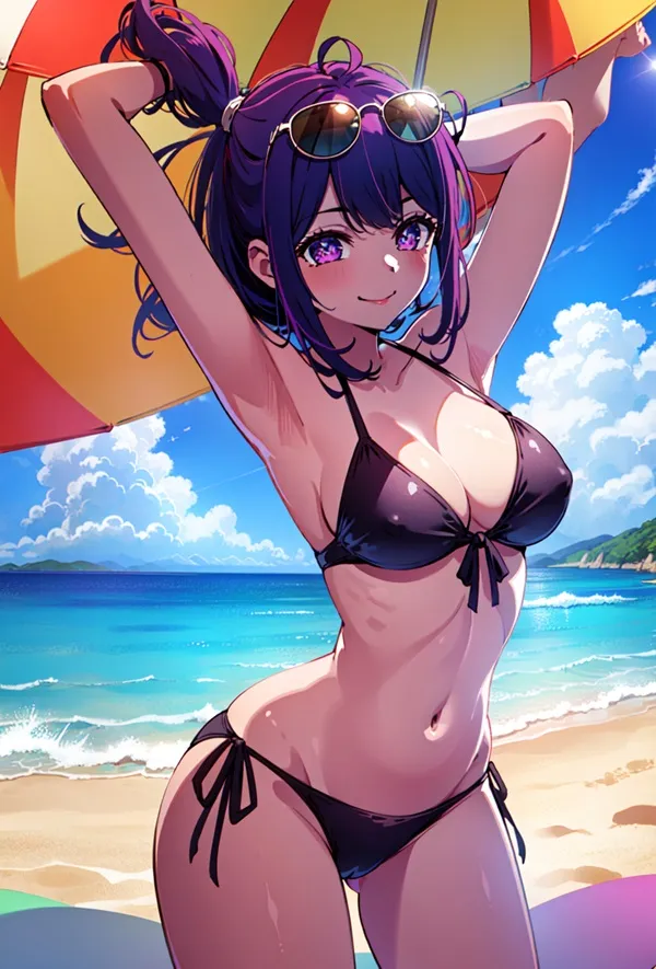 Hoshino ai hentai có một người phụ nữ mặc bikini trên bãi biển với chiếc