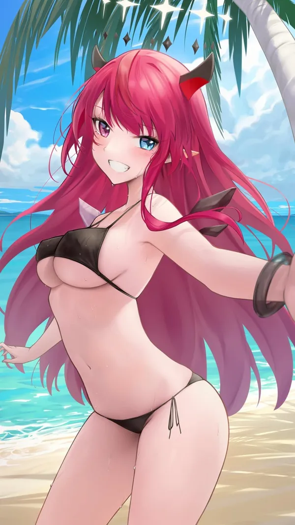 Houshou marine cosplay có một hình ảnh hoạt của người phụ nữ mặc bikini trên bãi biển