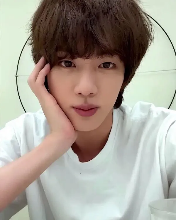 Ảnh jin bts có một chàng trai trẻ đang ngồi xuống tay trên mặt