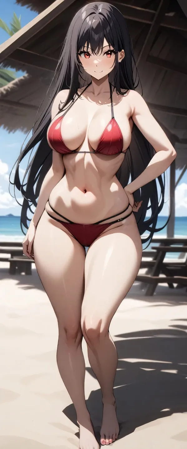 Ảnh kagenou claire sexy có một người phụ nữ mặc bộ bikini màu đỏ đang đứng trên bãi biển