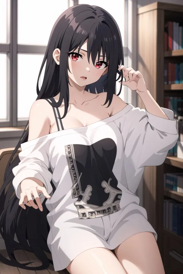 Kagenou claire sexy cô gái anime nhật bản với mái tóc đen dài ngồi trước kệ sách