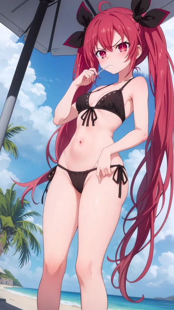 Ảnh kotori itsuka bikini có một người phụ nữ mặc đứng dưới chiếc trên bãi biển