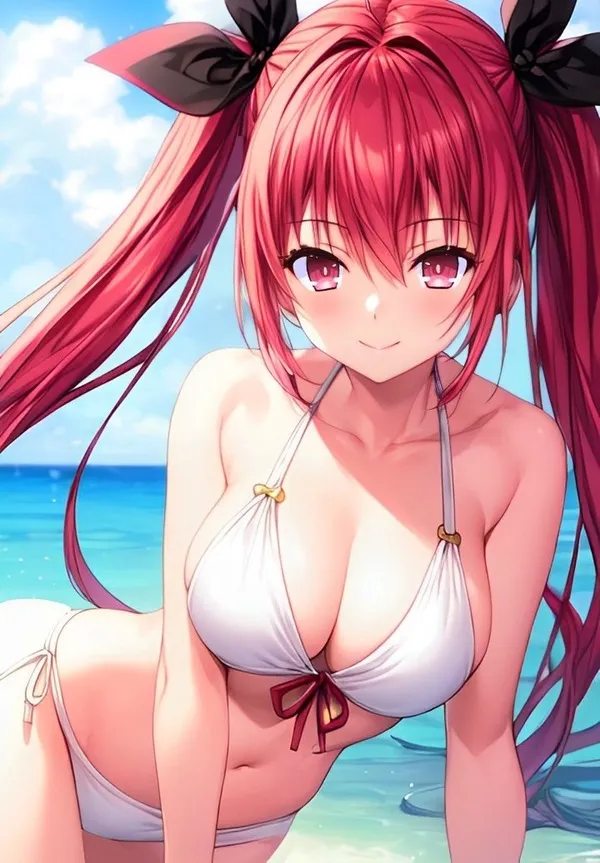 Ảnh kotori itsuka sexy cô gái anime dễ thương mặc bikini trắng trên bãi biển với mái tóc dài màu đỏ
