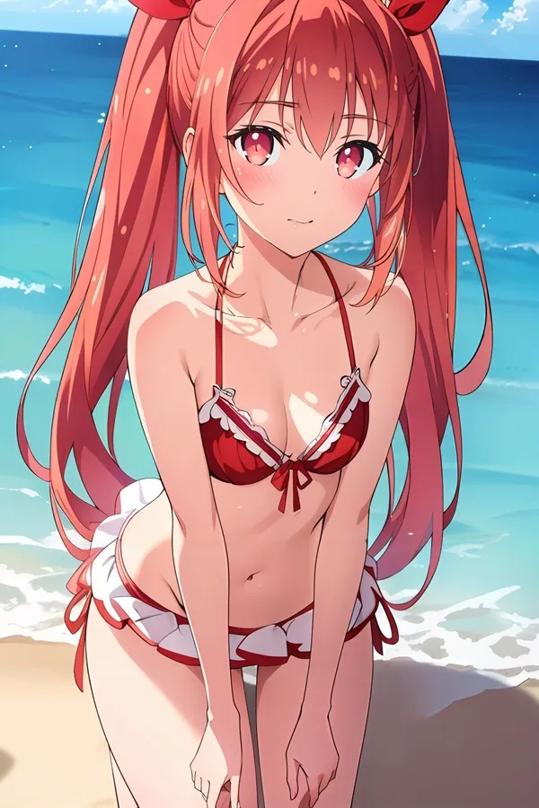 Ảnh kotori itsuka sexy cô gái anime xinh đẹp trong bộ bikini màu đỏ trên bãi biển bên đại dương