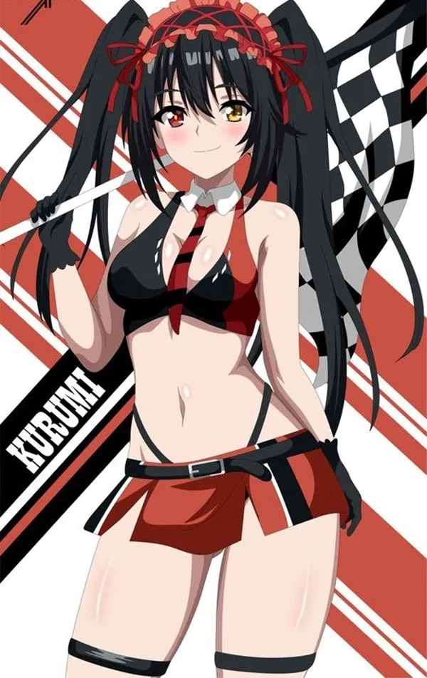 Ảnh tokisaki kurumi chibi bộ trang phục màu đỏ và đen cầm cờ ca rô