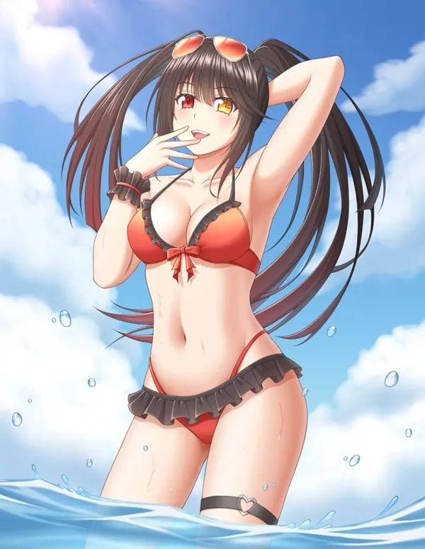 Kurumi tokisaki anime cô gái gợi cảm trong bộ bikini tạo dáng đại dương